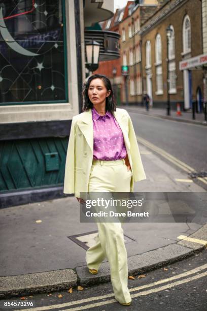 Betty Bachz seen wearing Nebo suit and a Lisou shirt on Day 3 of London Fashion Week September 2017 on September 17, 2017 in London, England.