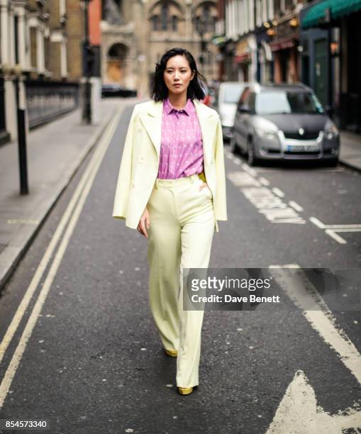 Betty Bachz seen wearing Nebo suit and a Lisou shirt on Day 3 of London Fashion Week September 2017 on September 17, 2017 in London, England.
