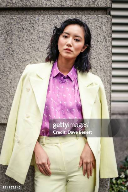 Betty Bachz seen wearing Nebo suit and a Lisou shirt on Day 3 of London Fashion Week September 2017 on September 17, 2017 in London, England.