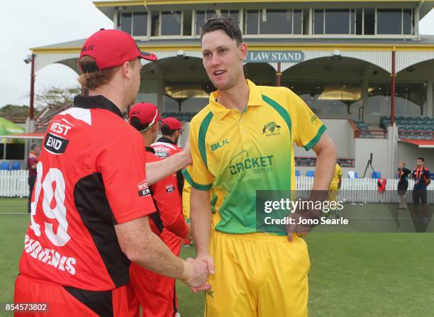 Beau Webster, CA XI captain, shakes hands of SA after the match, during the JLT One Day Cup match between South Australia and the Cricket Australia...