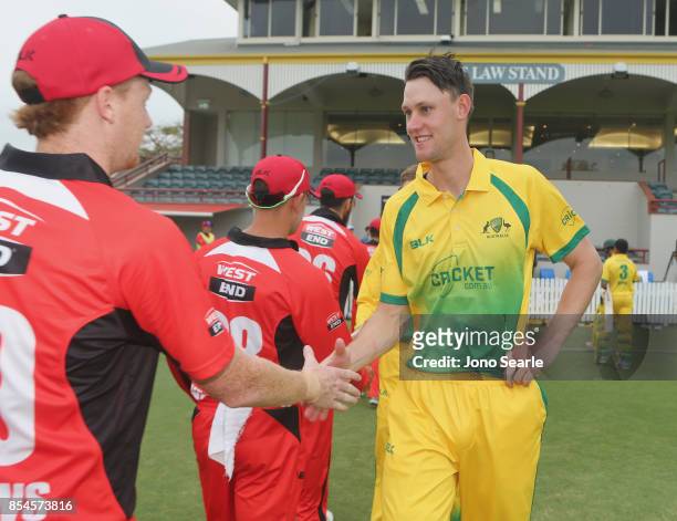 Beau Webster, CA XI captain, shakes hands of SA after the match, during the JLT One Day Cup match between South Australia and the Cricket Australia...