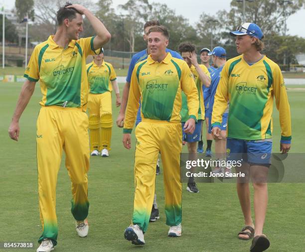 Left to right, Beau Webster, Ben Pengelley and David Grant from CA XI after the win, during the JLT One Day Cup match between South Australia and the...