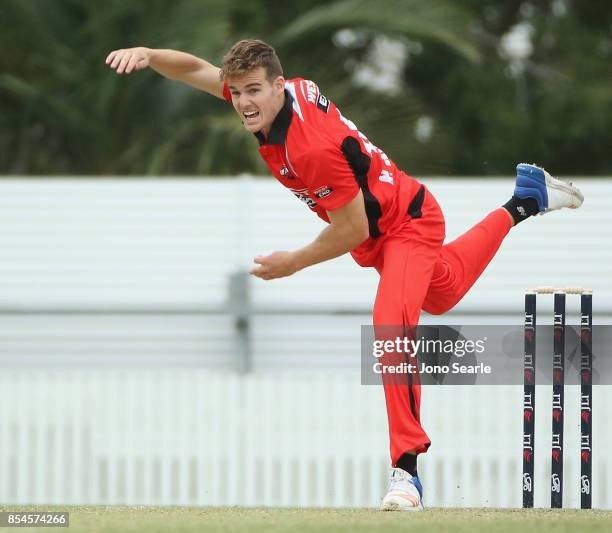 Nick Winter of SA bowls the ball during the JLT One Day Cup match between South Australia and the Cricket Australia XI at Allan Border Field on...