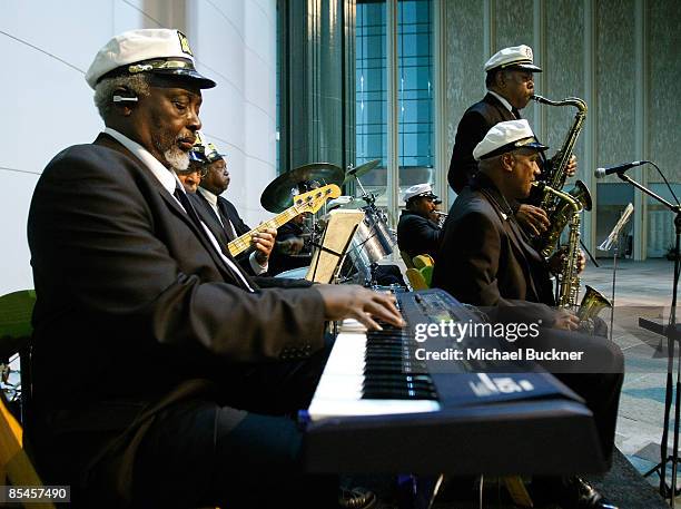 Members of the New Orleans Jazz Band perform at William Claxton's Memorial at the Bing Theatre at the Los Angeles County Museum of Art on March 16,...