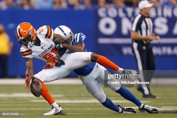 Rashard Higgins of the Cleveland Browns drops a pass defended by Nate Hairston of the Indianapolis Colts at Lucas Oil Stadium on September 24, 2017...