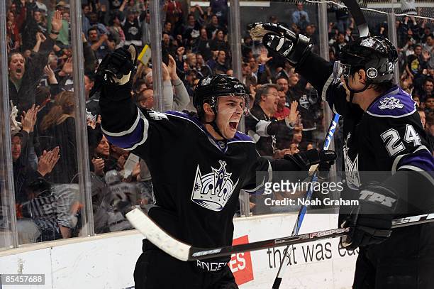 Alexander Frolov and Teddy Purcell of the Los Angeles Kings celebrates a second-period goal by Teddy Purcell during the game against the Nashville...
