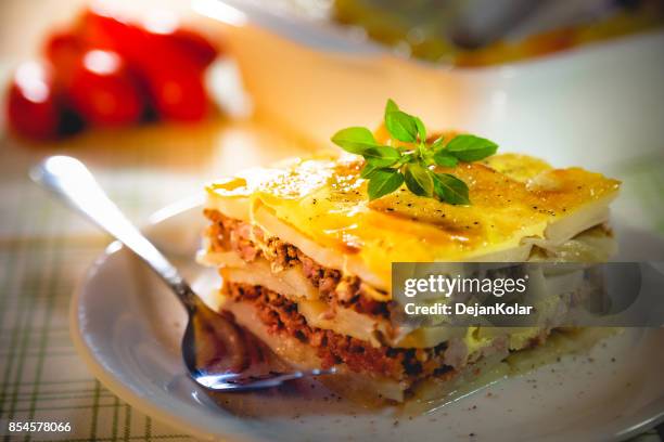 segment van vers gekookt servische moussaka maaltijd op witte plaat - moussaka stockfoto's en -beelden
