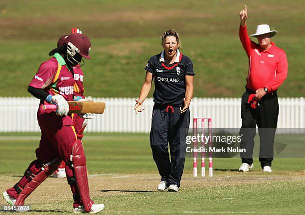 Nicola Shaw of England celebrates the wicket of Deandra Dottin of the West Indies during the ICC Women's World Cup 2009 Super Six match between the...