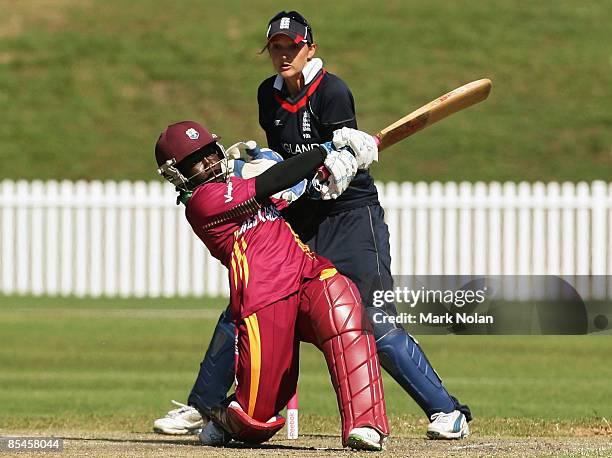 Deandra Dottin of the West Indies hits out during the ICC Women's World Cup 2009 Super Six match between the West Indies and England at Drummoyne...