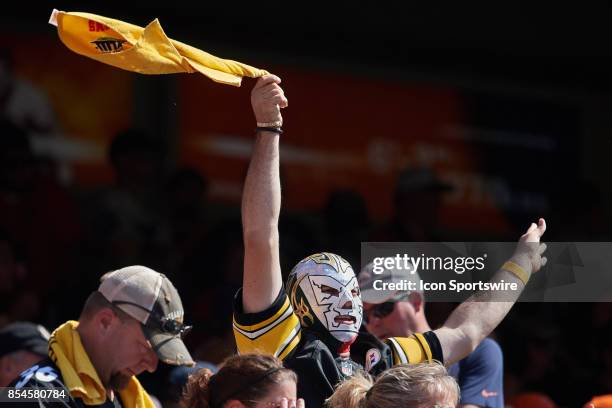 Pittsburgh Steelers fan celebrates with a Terrible Towel during an NFL football game between the Pittsburgh Steelers and the Chicago Bears on...