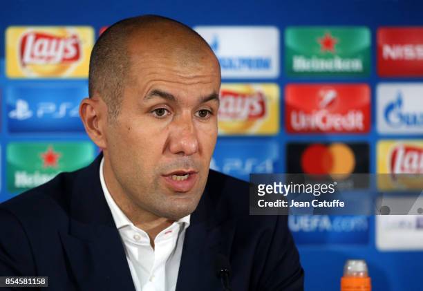Coach of Monaco Leonardo Jardim answers to the media following the UEFA Champions League group G match between AS Monaco and FC Porto at Stade Louis...