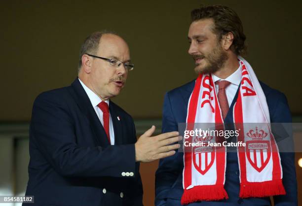 Prince Albert II of Monaco and nephew Pierre Casiraghi attend the UEFA Champions League group G match between AS Monaco and FC Porto at Stade Louis...