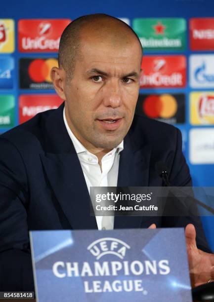 Coach of Monaco Leonardo Jardim answers to the media following the UEFA Champions League group G match between AS Monaco and FC Porto at Stade Louis...