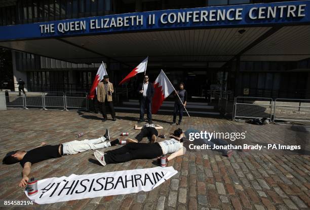 Activists gather outside the Queen Elizabeth II Conference Centre in central London where the This is Bahrain conference is being held to protest...