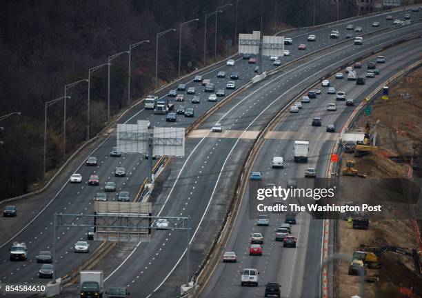 View looking north at the I-395 southbound HOT traffic lanes / express lanes near Duke Street in Washington, DC on February 12, 2015. This is part of...