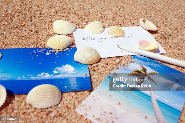 postcards and shells on the sand on beach - holiday postcard stock pictures, royalty-free photos & images