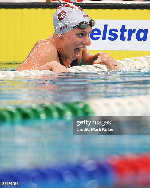 Meagen Nay of St Peters Western celebrates winnings the women's 200 metres freestyle final during day one of the 2009 Australian Swimming...