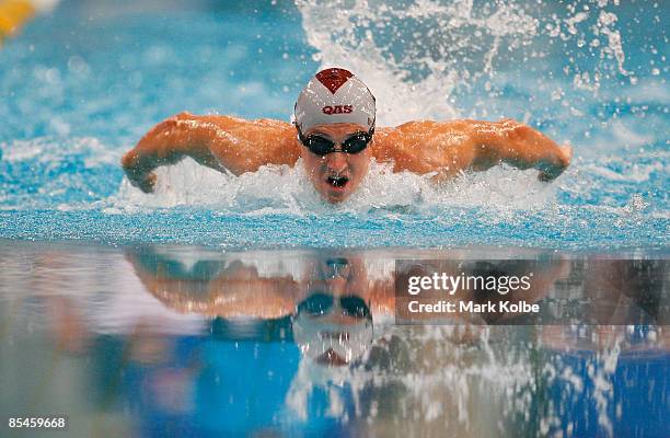 Nick D'Arcy of Queensland Acedemy of Sport competes in the Men's 200 metres butterfly final during day one of the 2009 Australian Swimming...