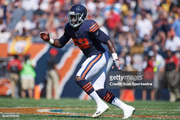 Chicago Bears linebacker Christian Jones runs to make a block during an NFL football game between the Pittsburgh Steelers and the Chicago Bears on...