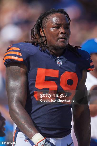 Chicago Bears inside linebacker Danny Trevathan looks on during an NFL football game between the Pittsburgh Steelers and the Chicago Bears on...