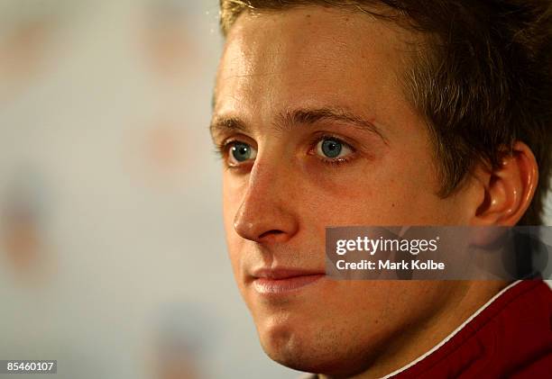 Nick D'Arcy of Queensland Acedemy of Sport speaks to the media at a press conference after the finals on day one of the 2009 Australian Swimming...