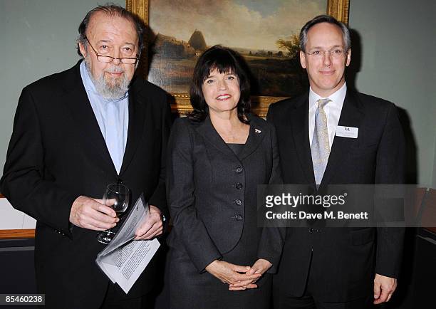 Sir Peter Hall, Labour Culture Minister Barbara Follett and Paul Ruddock attend the launch party for the Victoria & Albert Museum's new theatre and...