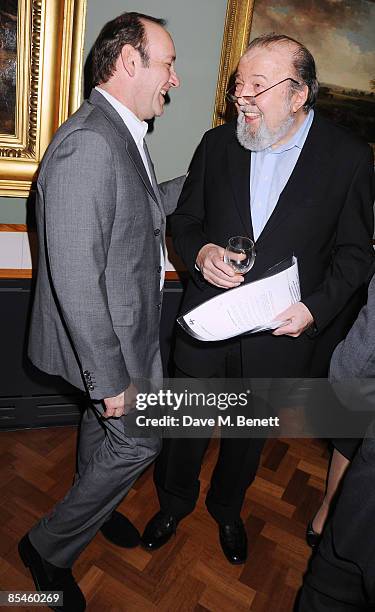 Kevin Spacey and Sir Peter Hall attend the launch party for the Victoria & Albert Museum's new theatre and performance galleries, which were opened...