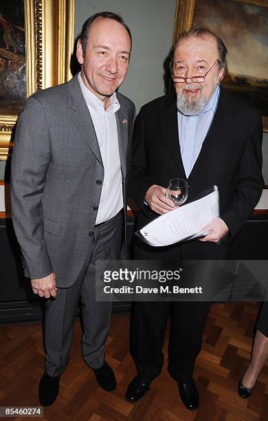 Kevin Spacey and Sir Peter Hall attend the launch party for the Victoria & Albert Museum's new theatre and performance galleries, which were opened...