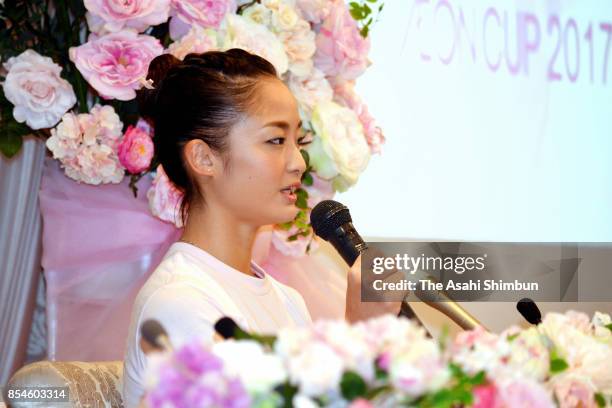 Kaho Minagawa of Japan speaks during a press conference ahead of the Rhythmic Gymnastics AEON Cup on September 26, 2017 in Tokyo, Japan.