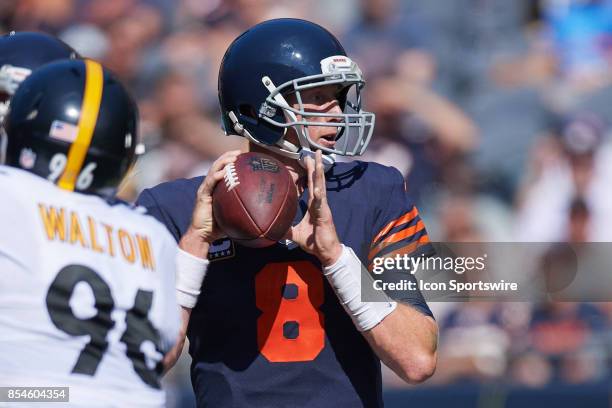 Chicago Bears quarterback Mike Glennon looks to throw the football during an NFL football game between the Pittsburgh Steelers and the Chicago Bears...