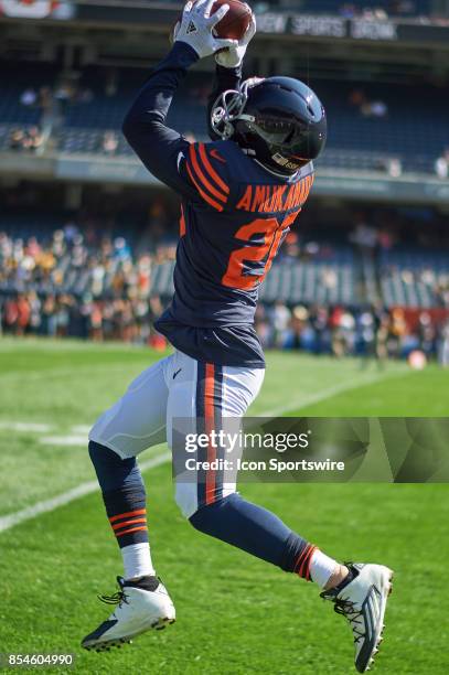 Chicago Bears defensive back Prince Amukamara catches a pass prior to the start of an NFL football game between the Pittsburgh Steelers and the...