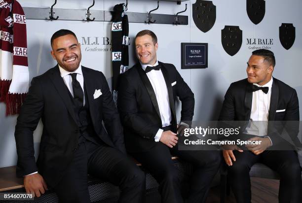 Jonny Tuivasa-Sheck of the Roosters interviews Dylan Walker of the Sea Eagles and Trent Merrin of the Panthers during the M.J. Bale Dally M League Of...