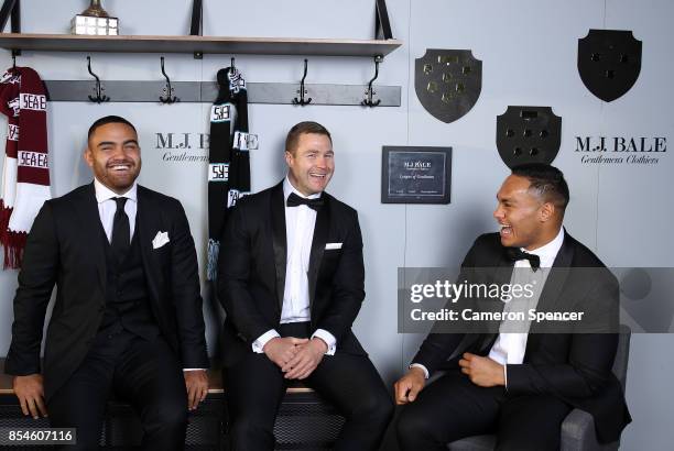 Jonny Tuivasa-Sheck of the Roosters interviews Dylan Walker of the Sea Eagles and Trent Merrin of the Panthers during the M.J. Bale Dally M League Of...