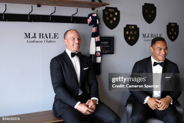 Jonny Tuivasa-Sheck of the Roosters interviews Beau Scott of the Eels during the M.J. Bale Dally M League Of Gentlemen at The Star on September 27,...