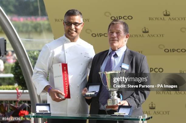 Celebrity chef Atul Kochhar presents the award for the winning owner of Louis The Pious after victory in the Buckingham Palace Stakes during Day Four...