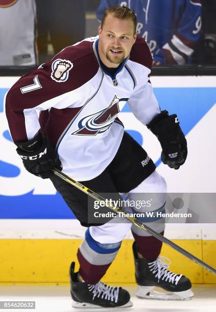 John Mitchell of the Colorado Avalanche warms up before the game against the San Jose Sharks at SAP Center on April 1, 2015 in San Jose, California.