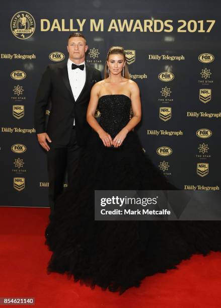 Tariq Sims of the Dragons with wife Ashleigh Sims arrive ahead of the 2017 Dally M Awards at The Star on September 27, 2017 in Sydney, Australia.