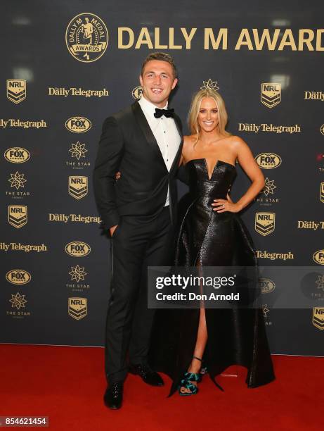 Sam Burgess and Phoebe Burgess arrive ahead of the Dally M Awards at The Star on September 27, 2017 in Sydney, Australia.