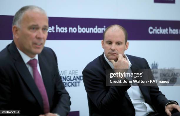 England selector James Whitaker and Director of Cricket Andrew Strauss during the Ashes squad announcement at the Kia Oval, London.