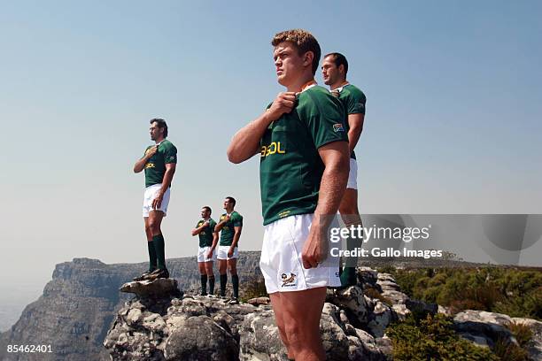 Leading Springboks rugby players take part in a film shoot on Table Mountain for Sky TV, to promote the forthcoming British and Irish Lions tour to...