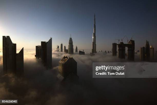 General view of Burj Khalifa during a heavy fog on September 27, 2017 in Dubai, United Arab Emirates.