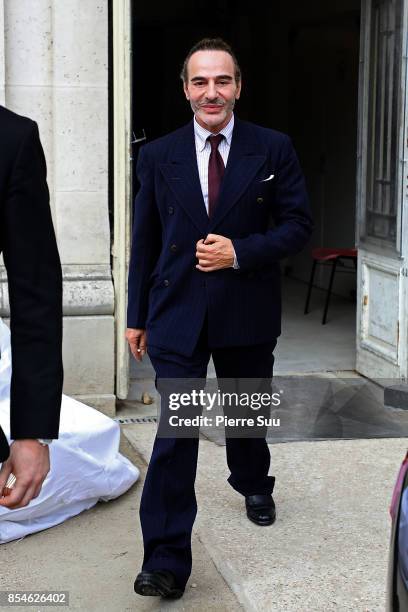 John Galliano is seen leaving the Maison Margiela show as part of the Paris Fashion Week Womenswear Spring/Summer 2018 on September 27, 2017 in...