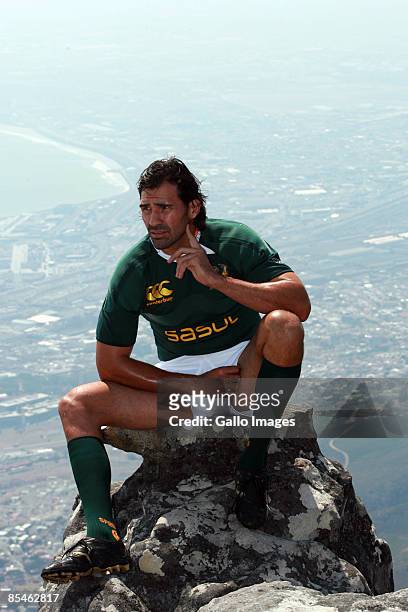 Leading Springboks rugby players take part in a film shoot on Table Mountain for Sky TV, to promote the forthcoming British and Irish Lions tour to...