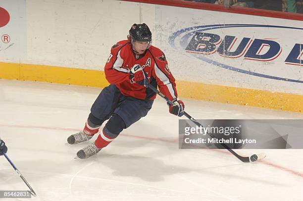 Nicklas Backstrom of the Washington Capitals skates with the puck during a NHL hockey game against the Toronto Maple Leafs on March 5, 2009 at the...