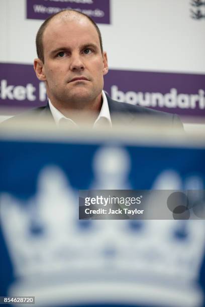 Former English international cricketer Andrew Strauss holds a press conference at The Kia Oval on September 27, 2017 in London, England. The England...