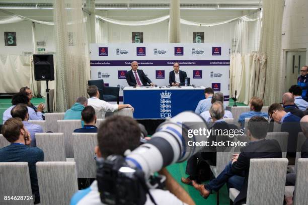 England National Selector James Whitaker and former English international cricketer Andrew Strauss hold a press conference at The Kia Oval on...