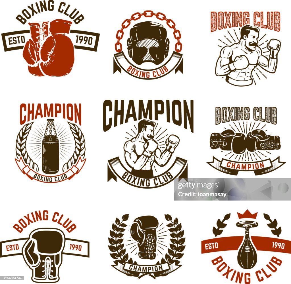 Conjunto de emblemas del club de boxeo. guantes de boxeo.