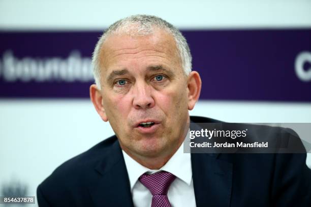 England National Selector James Whitaker talks during the England Ashes Team Announcement ahead of the 4th Royal London One Day International between...