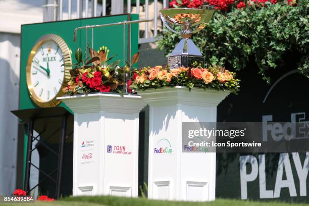 The Calamity Jane trophy and FedEx Cup trophies are on display before the second round of the PGA Tour Championship. The Tour Championship is the...