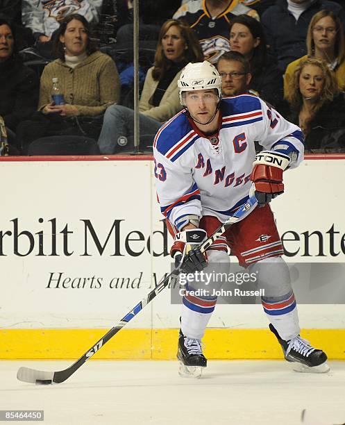 Chris Drury of the New York Rangers skates against the Nashville Predators on March 12, 2009 at the Sommet Center in Nashville, Tennessee.